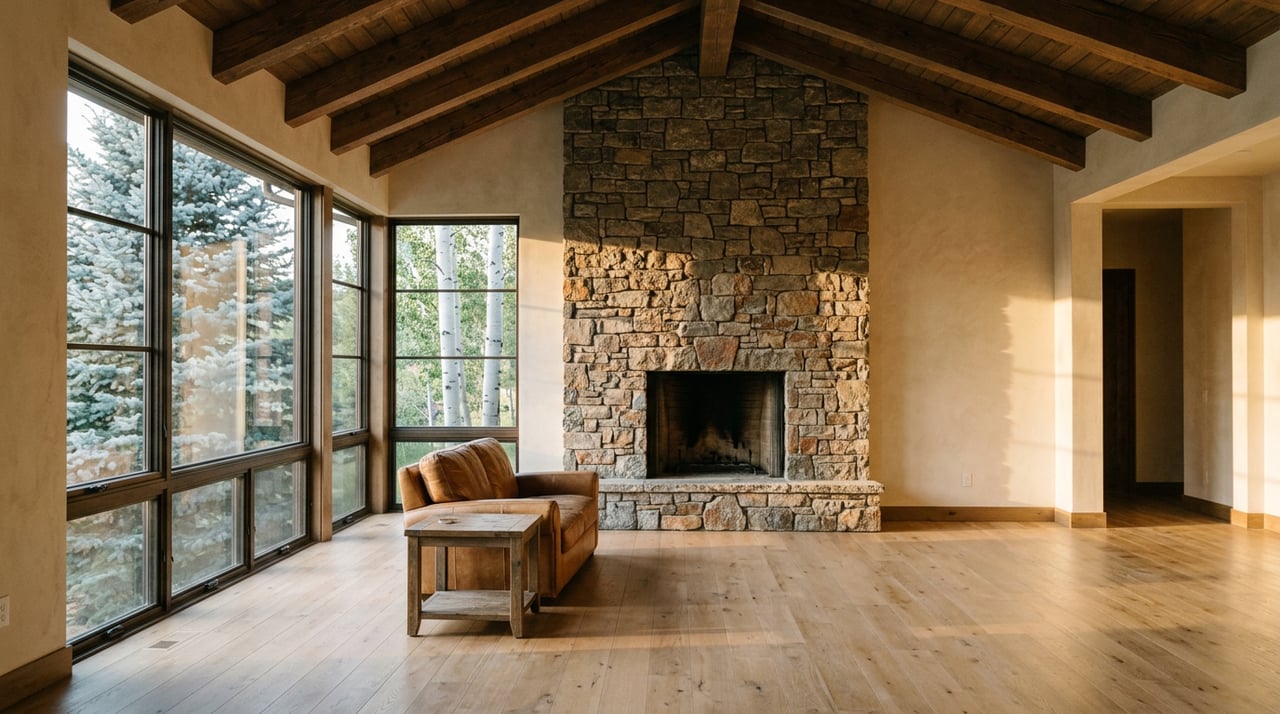 Mountain great room with a stacked-stone fireplace, exposed timber beams, and a leather armchair beside tall windows.