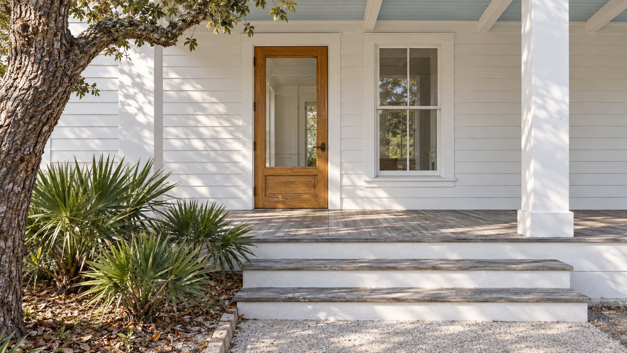 White clapboard cottage entry with a deep covered porch, honey-colored glazed door, weathered wood steps and sculptural native planting.