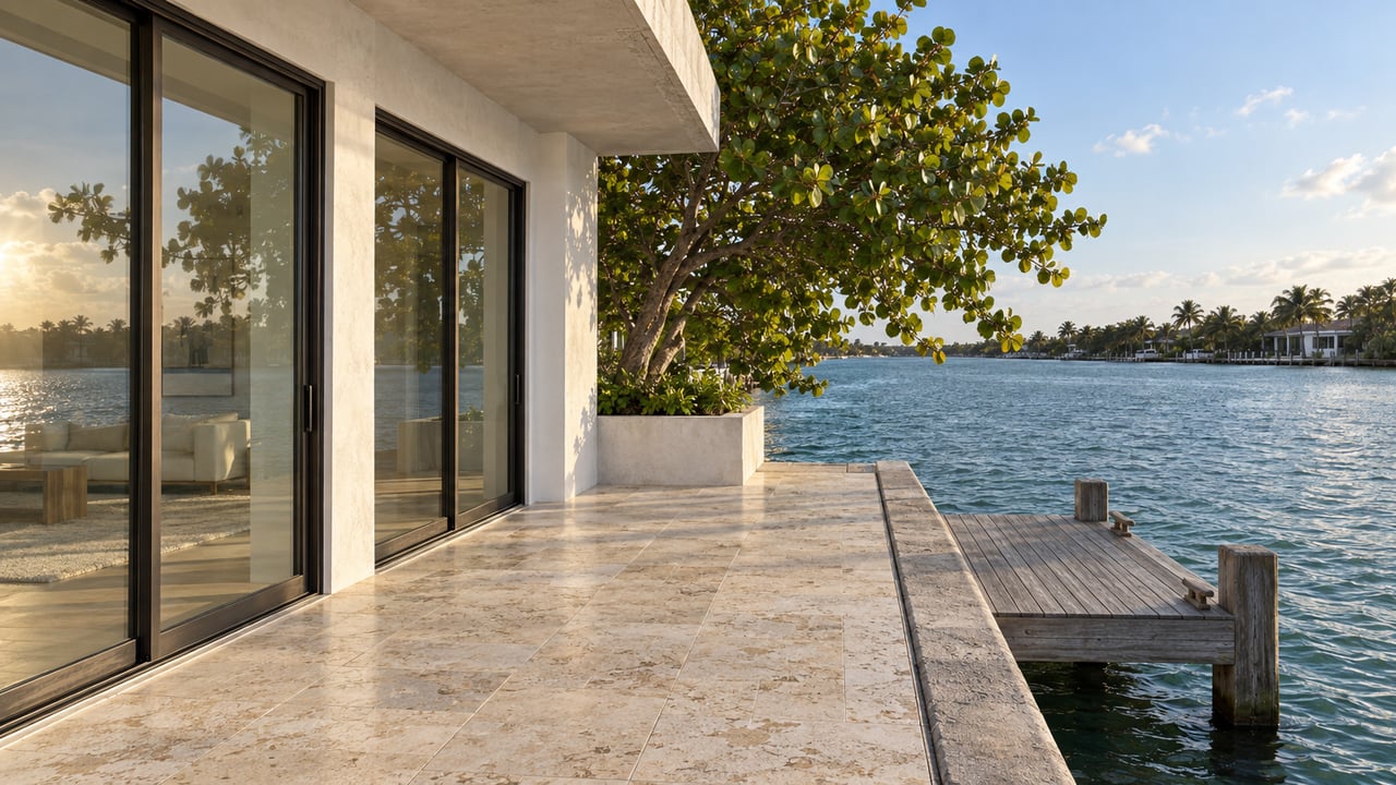 Canal-front house with dark-framed glass doors, limestone terrace, timber dock, and a broad-canopied tree.