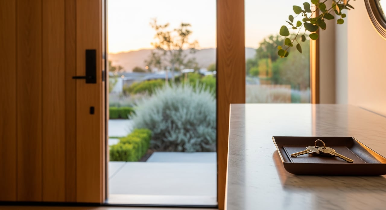 Brass keys on a dark tray atop a table beside an open wooden door overlooking a landscaped garden.