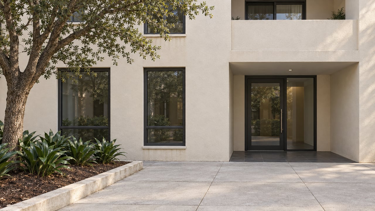 Ivory stucco residential courtyard entrance with dark window frames, a recessed balcony, and a mature live oak beside concrete paving.