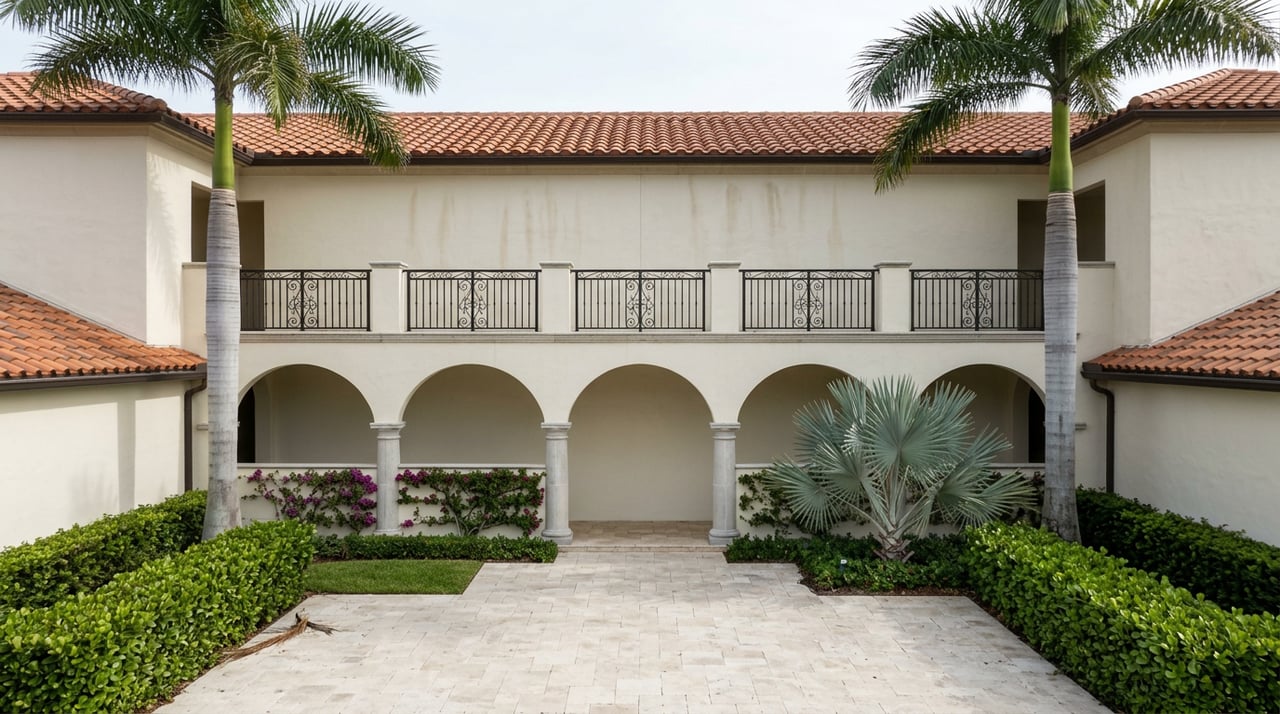 Low-rise condominium facade with a three-arch loggia, wrought-iron balcony railings, and palms flanking a paved entry court.
