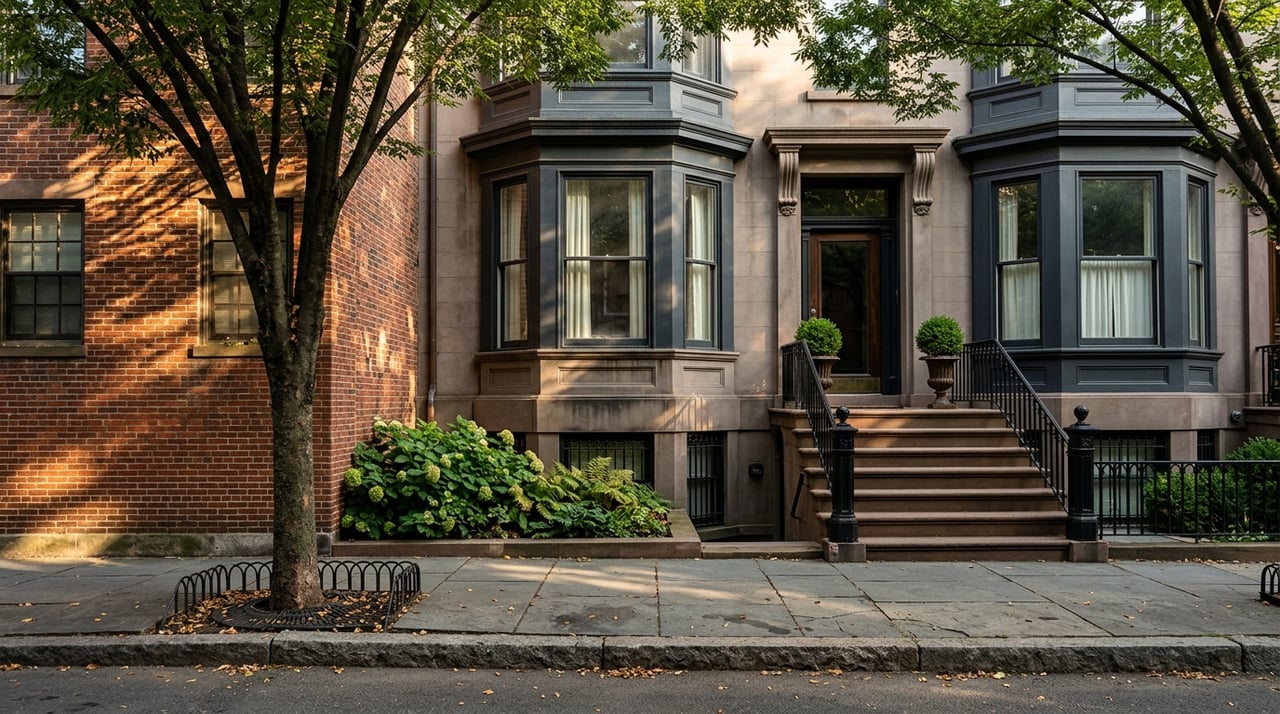 Historic attached row houses beneath a leafy tree canopy.