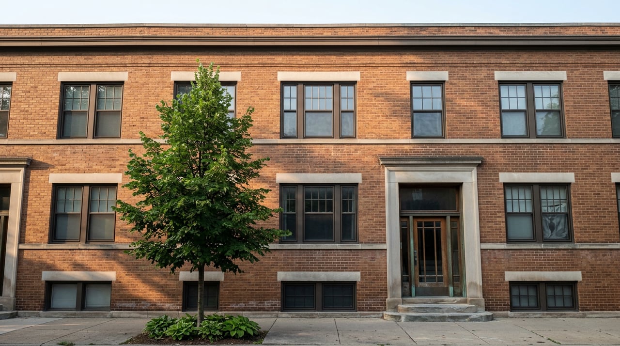 Ochre-red brick residential facade with limestone trim, recessed entry, upper windows, and a linden tree in front.