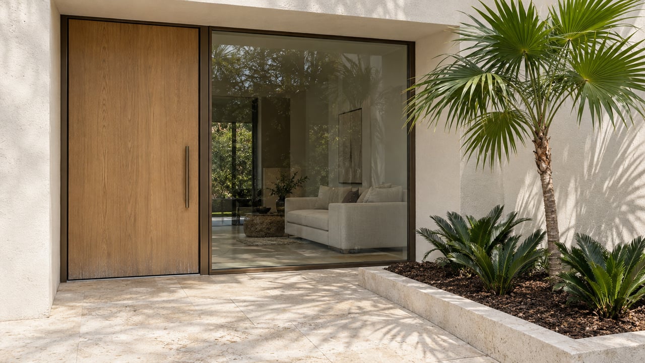 Ivory stucco home entry with a light oak door, bronze-framed glazing, limestone paving and a single fan palm in a raised bed.