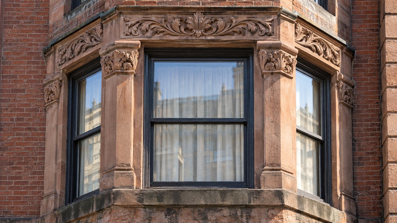 Sunlit sandstone carvings and dark wood sash windows on a russet-brick townhouse bay.