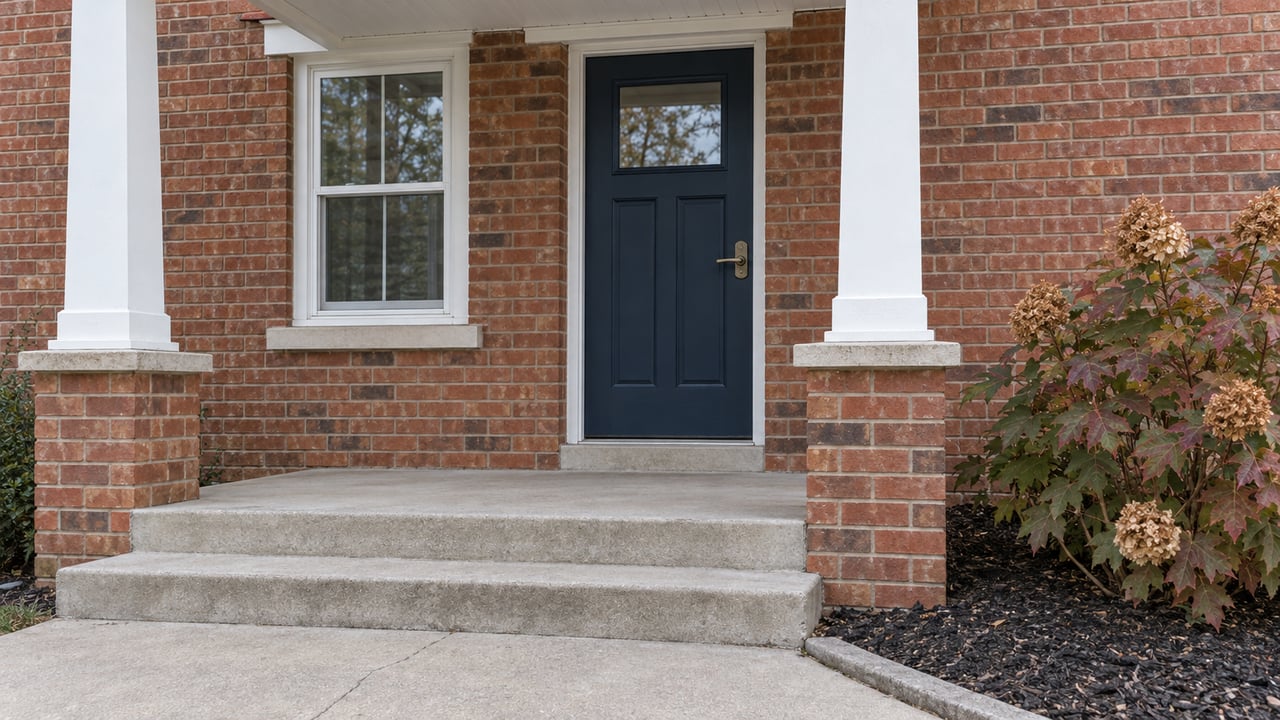 Red-brown brick home entry with a navy door, white porch columns, concrete steps and autumn oakleaf hydrangea.