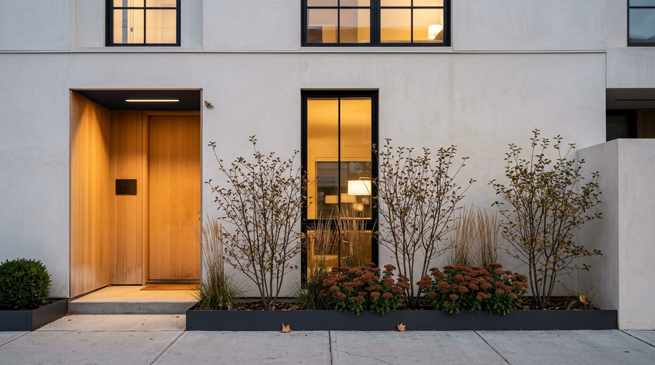 Contemporary townhome facade with a recessed oak entry, glowing black-framed windows, and a planter of shrubs and grasses.