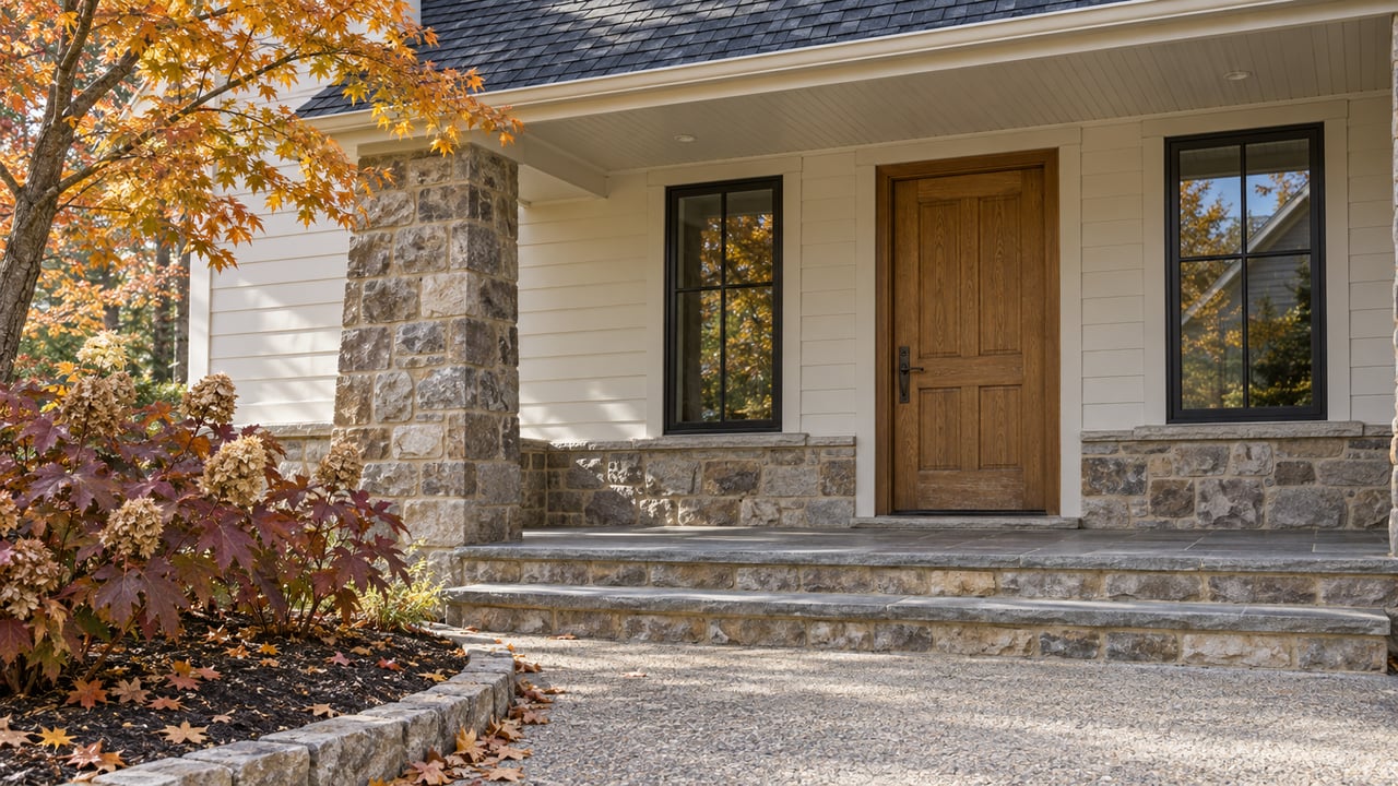 Covered entry of an upscale stone-and-ivory-sided house with broad stone steps, black-framed windows and amber maple leaves.