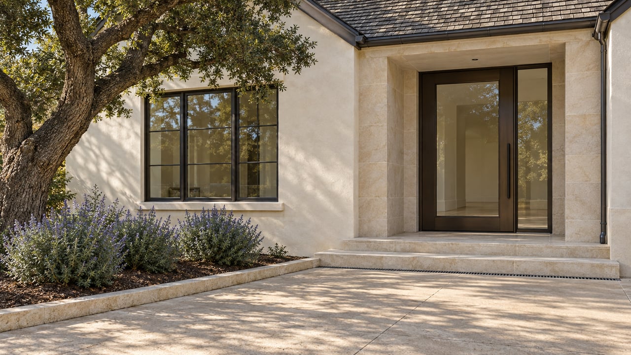 Sunlit limestone entrance and cream stucco gabled estate wing beside a mature oak and spacious stone arrival court.