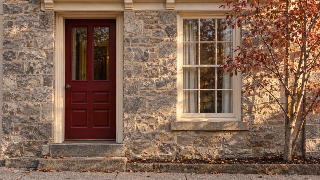 Historic limestone townhouse with an oxblood door, divided-light window, and sparse copper-red leaves.