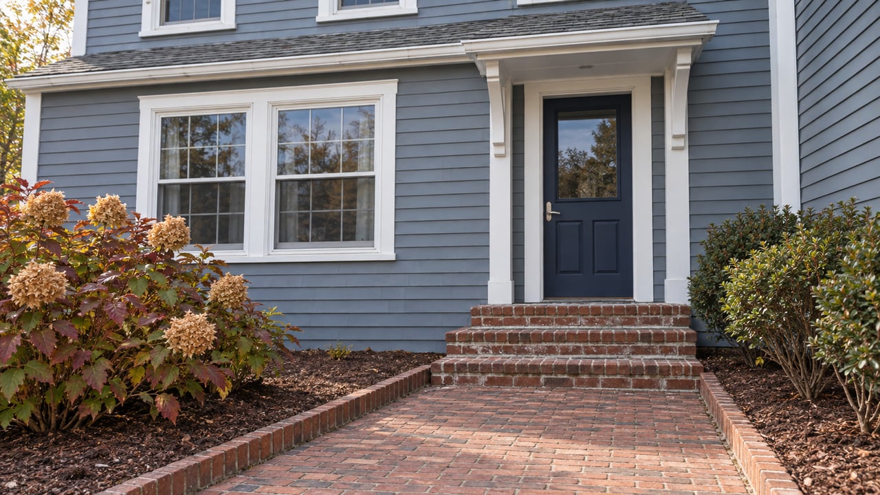 Blue-gray clapboard house with a navy entry door, weathered brick steps and autumn planting.