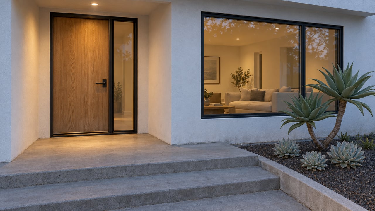 White stucco home entry at dusk with an oak door, black-framed glazing, concrete steps, and sculptural succulents.