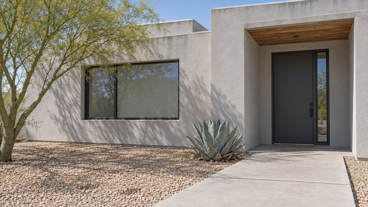 Light-gray stucco home with a shaded charcoal entry, broad front window, concrete walk, blue-gray agave and a green-trunked desert tree.