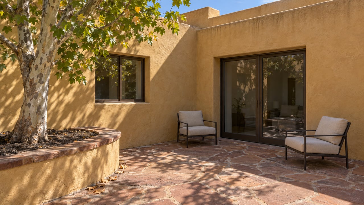 Sunlit ochre stucco courtyard with sandstone paving, two outdoor chairs and a mature sycamore showing scattered yellow leaves.