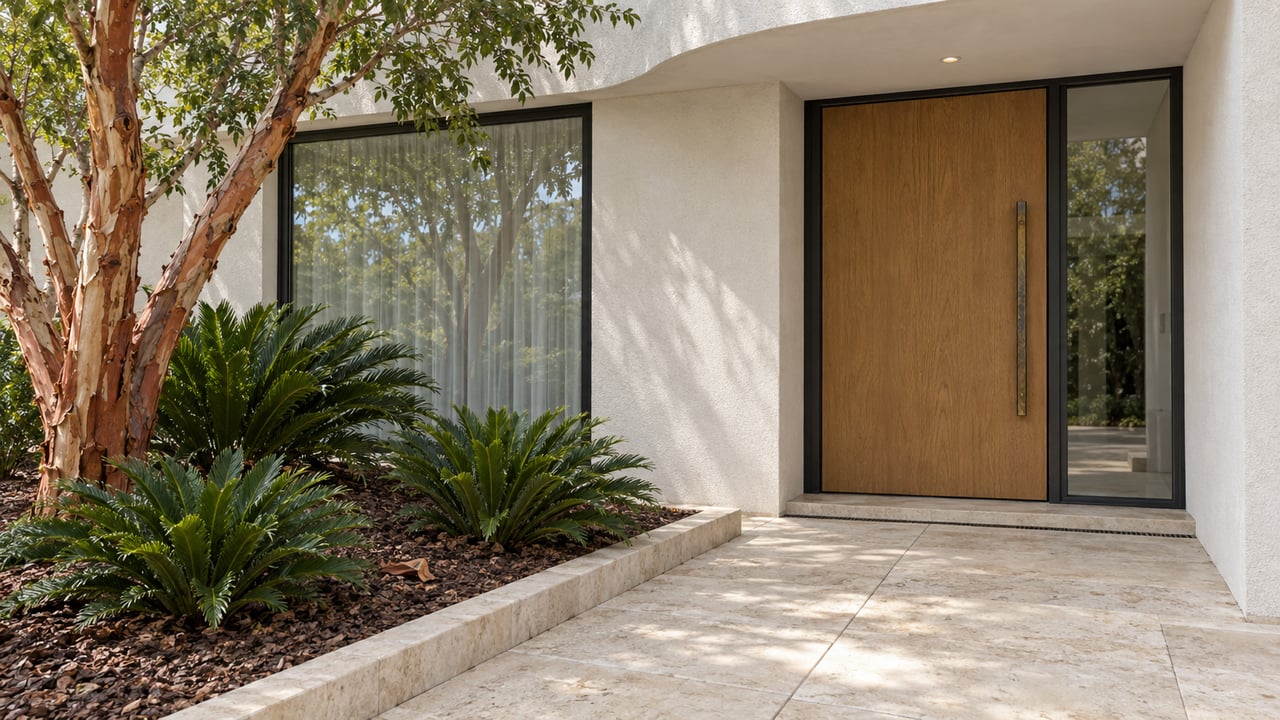 Modern white stucco entrance beneath a curved overhang, with limestone paving, a warm wood door and copper-barked specimen tree.