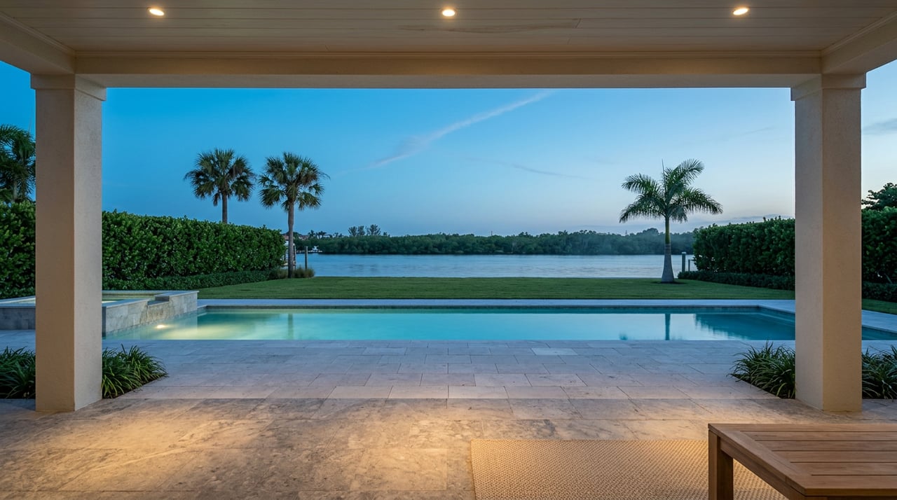 Dusk view from a covered loggia across a glowing pool and lawn to a canal, framed by palms and stucco piers.