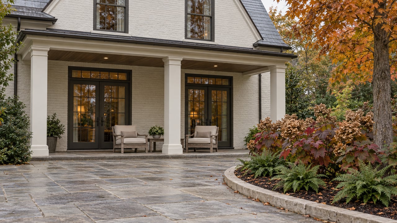 Ivory brick home with a covered rear porch, limestone terrace and copper-colored maple beside a curved garden bed.