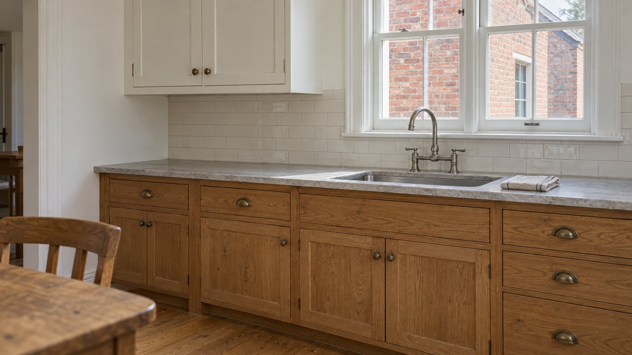 Sunlit home kitchen corner with oak cabinetry, a pale stone counter, divided-light window and the edge of an oak dining table.
