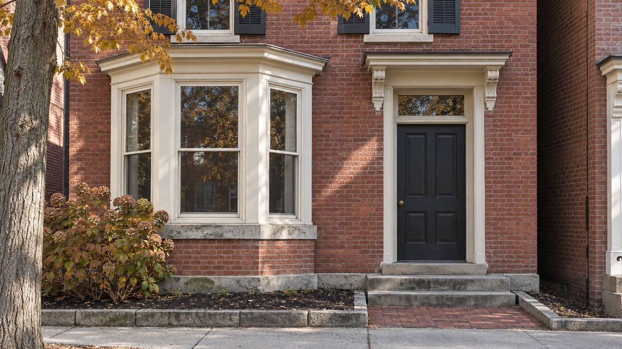 Historic red-brick home with cream bay windows, black shutters, worn limestone entry steps and autumn foliage.