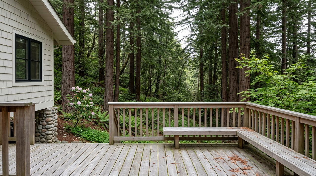 Cedar deck and fir railing overlook a wooded slope with redwood trunks, ferns, and a blooming rhododendron.