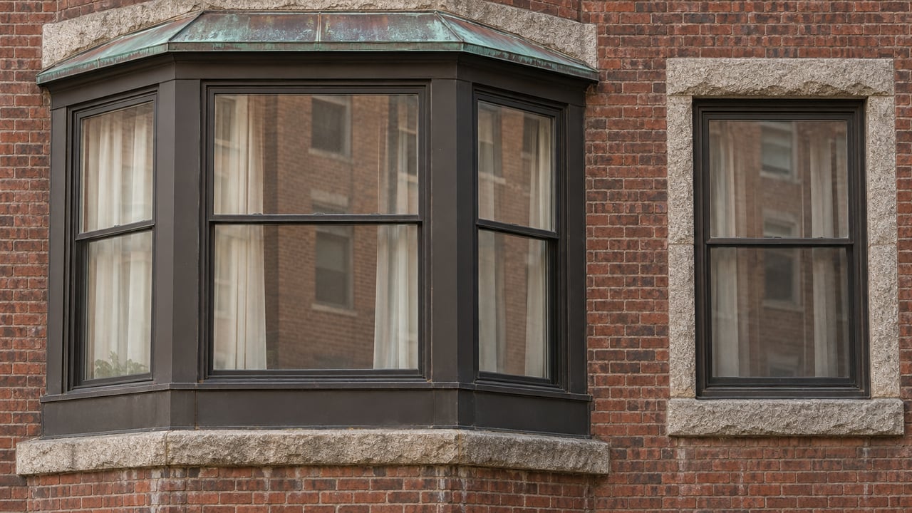 Close view of a bronze-framed condominium window bay with aged copper trim, granite sills and russet brickwork in soft autumn daylight.