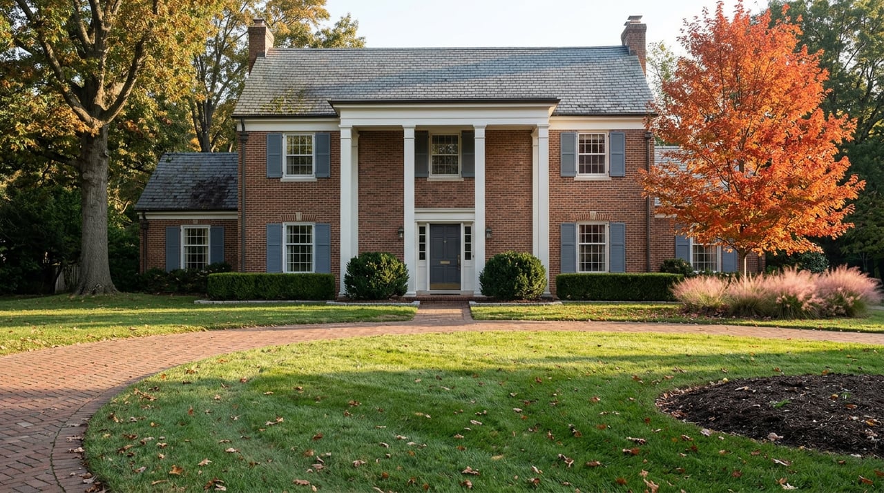 Brick Georgian house with white columns, scarlet maple, pink grasses, and a circular drive across a deep lawn.