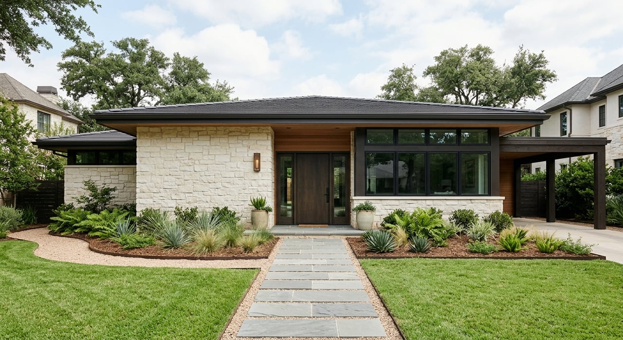 Limestone ranch house with a walnut entry door, long black-framed windows, and a straight bluestone walk through the lawn.