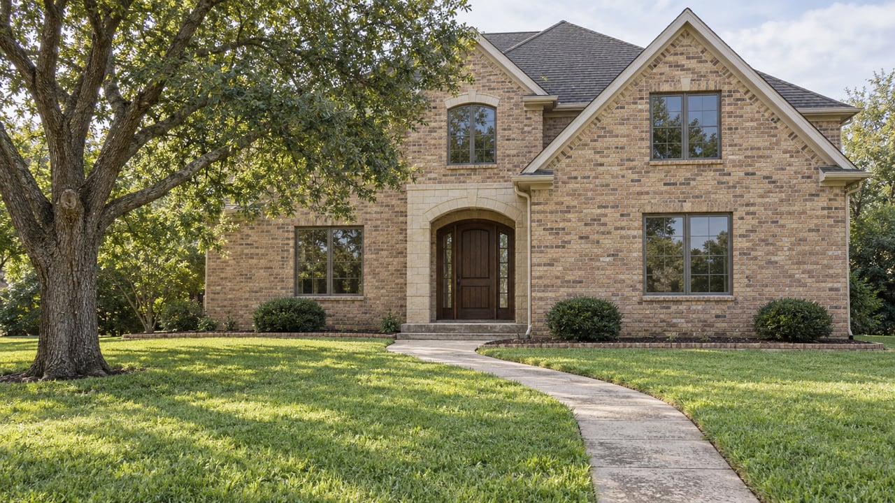 Brick home with limestone arched entry, deep front lawn, a mature live oak, and a concrete approach.
