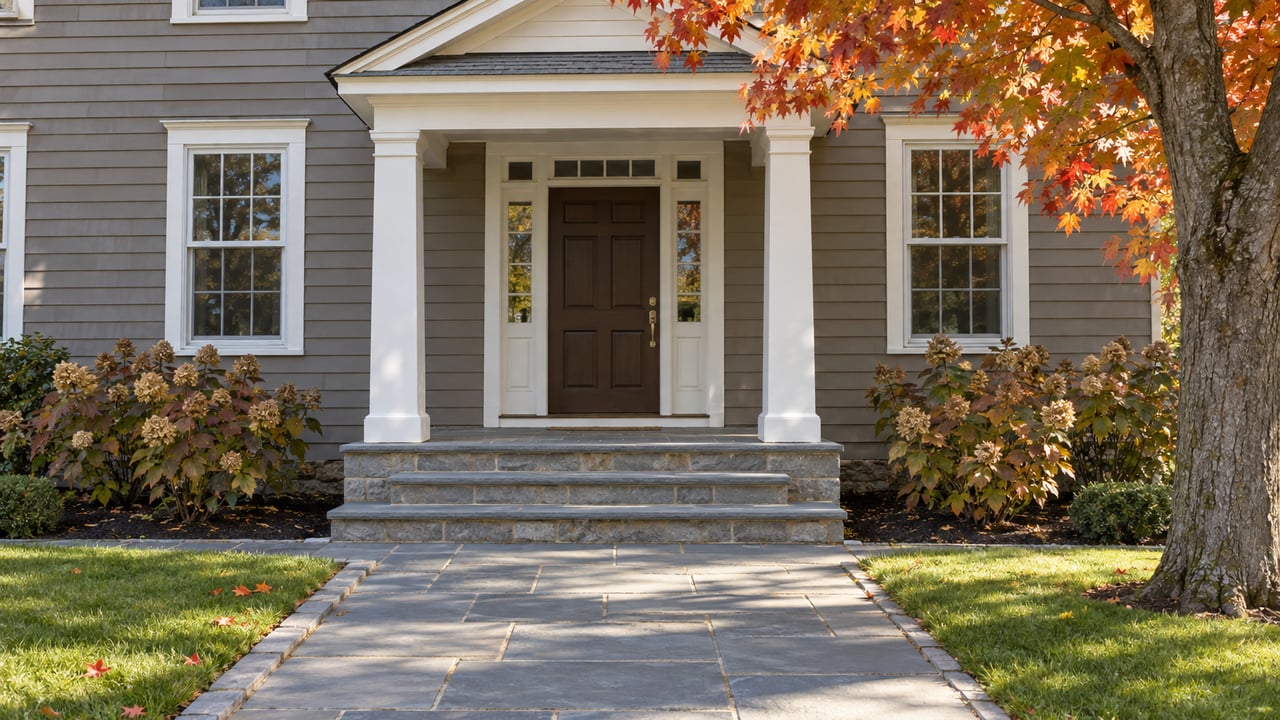 Gray-brown clapboard home with white porch columns, bluestone entry steps and amber maple foliage in soft autumn sunlight.
