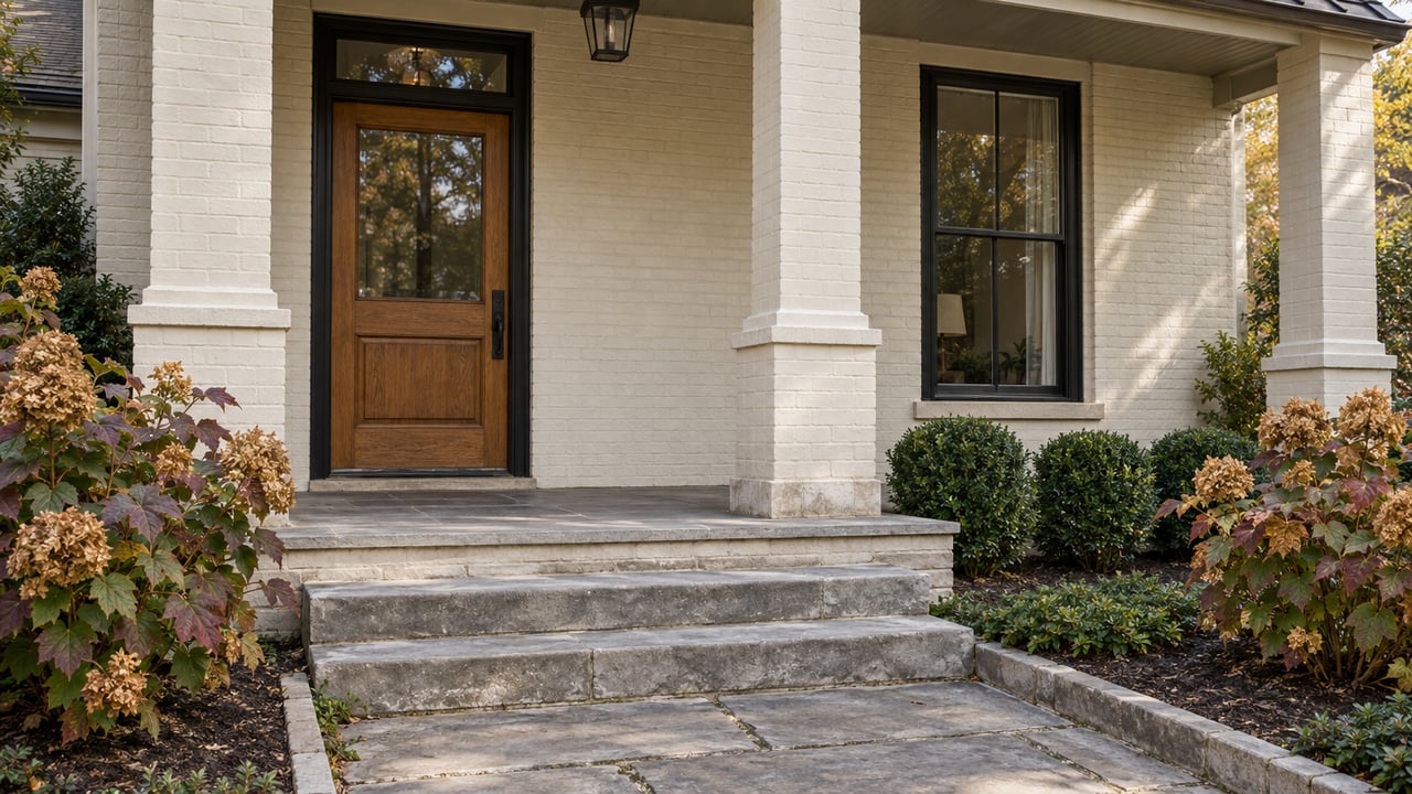 Ivory painted-brick home with an oak entrance door, black-framed window, worn limestone steps and autumn oakleaf hydrangeas.