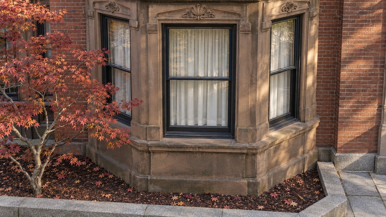 Red-brown brick residential bay with carved sandstone surrounds, dark timber sash windows, and copper-red maple leaves above a granite-edged planting bed.