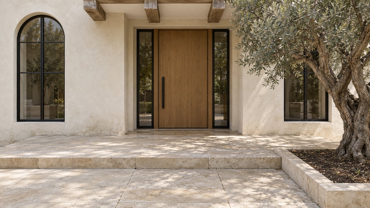 Ivory stucco home entrance with an oak door, paired black arched windows, limestone steps and a mature olive tree.