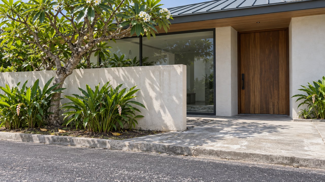 Coastal house with a recessed timber door, low concrete entry wall, and plumeria tree beside a narrow road.
