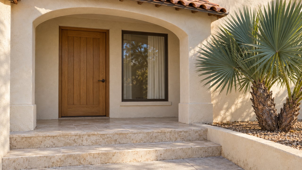 Sunlit ivory stucco entrance with terracotta eaves, a closed oak door, limestone steps and a sculptural fan aloe.