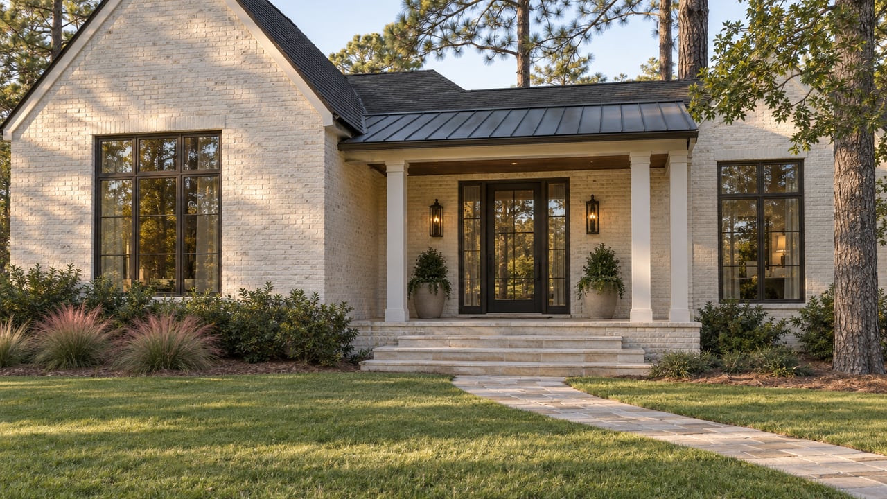 Warm white brick house with a raised porch, broad stone steps, and a curved walk across the lawn