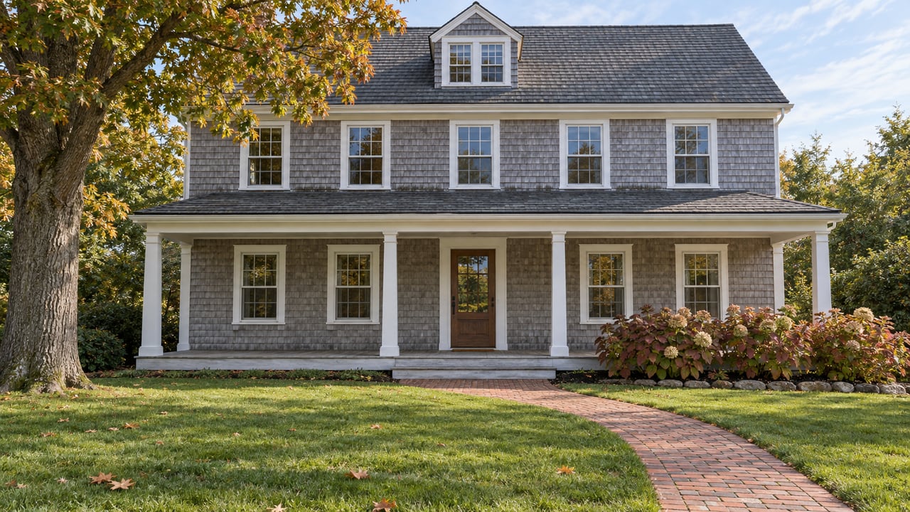 Silver-gray cedar-shingle home with white-trimmed windows, a covered porch, brick walk, and broad autumn lawn beneath a mature oak.