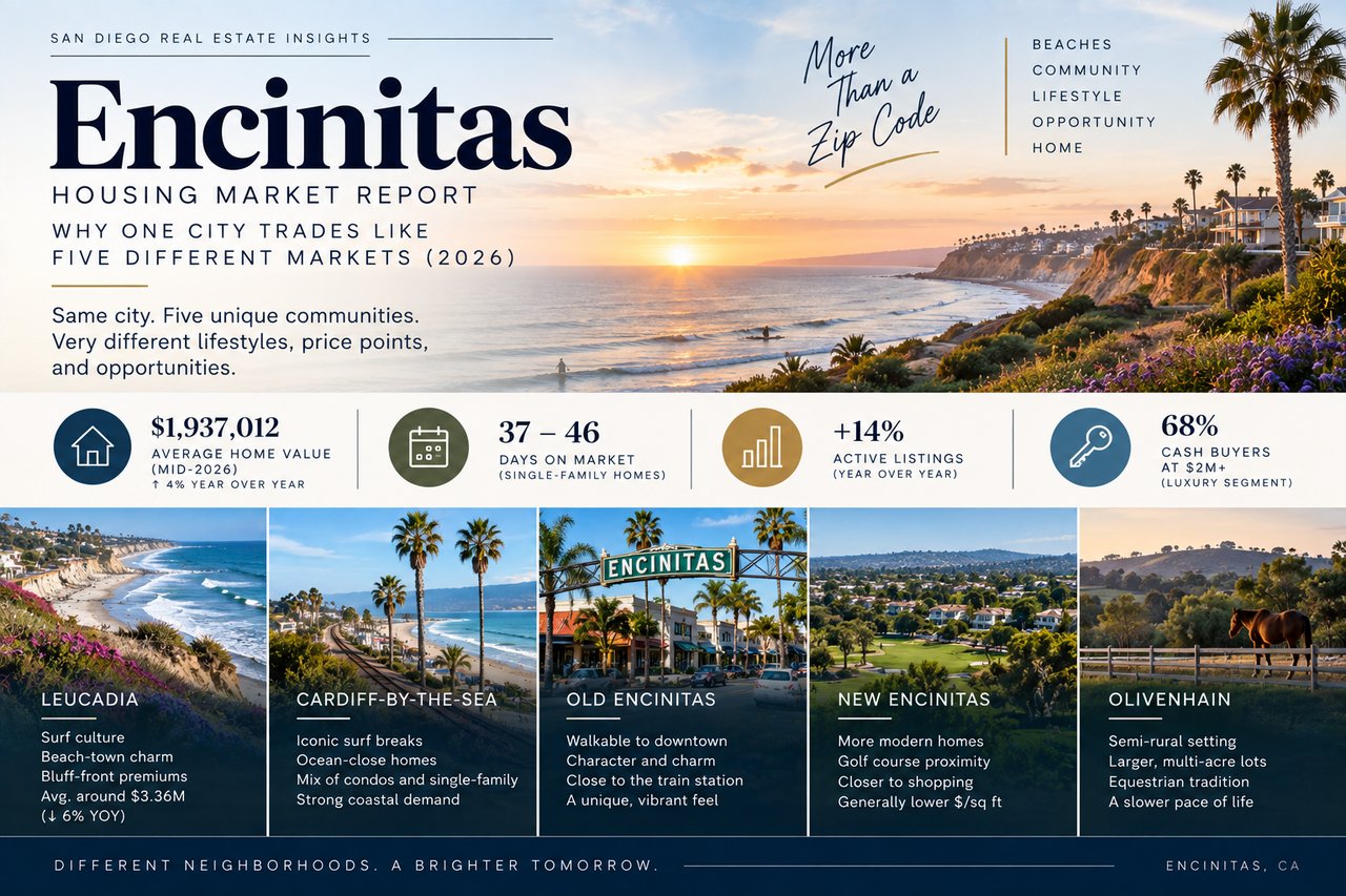 Encinitas housing market infographic comparing five neighborhoods and key 2026 market statistics.