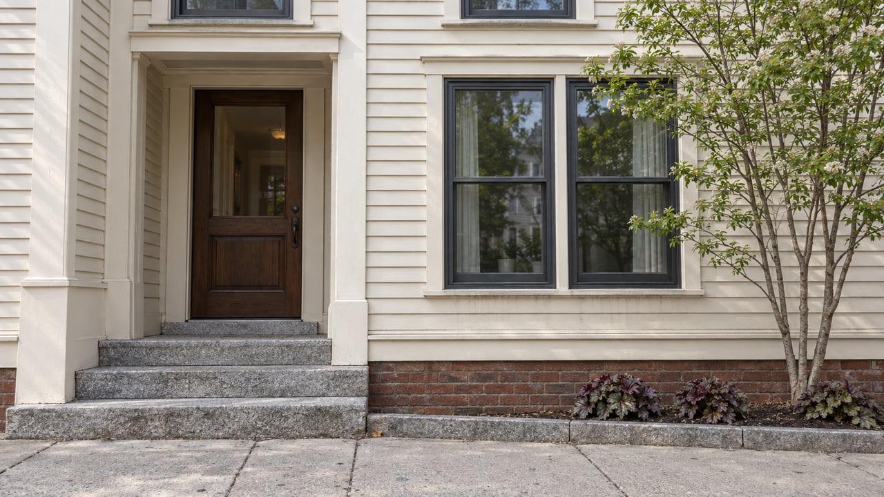 Urban residential facade with recessed walnut door, granite stoop, paired sash window, and a small planted bed.