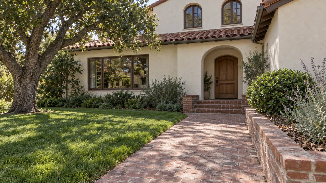 Ivory stucco home with clay roof tiles, arched windows and an oak-shaded brick approach through a mature front garden.