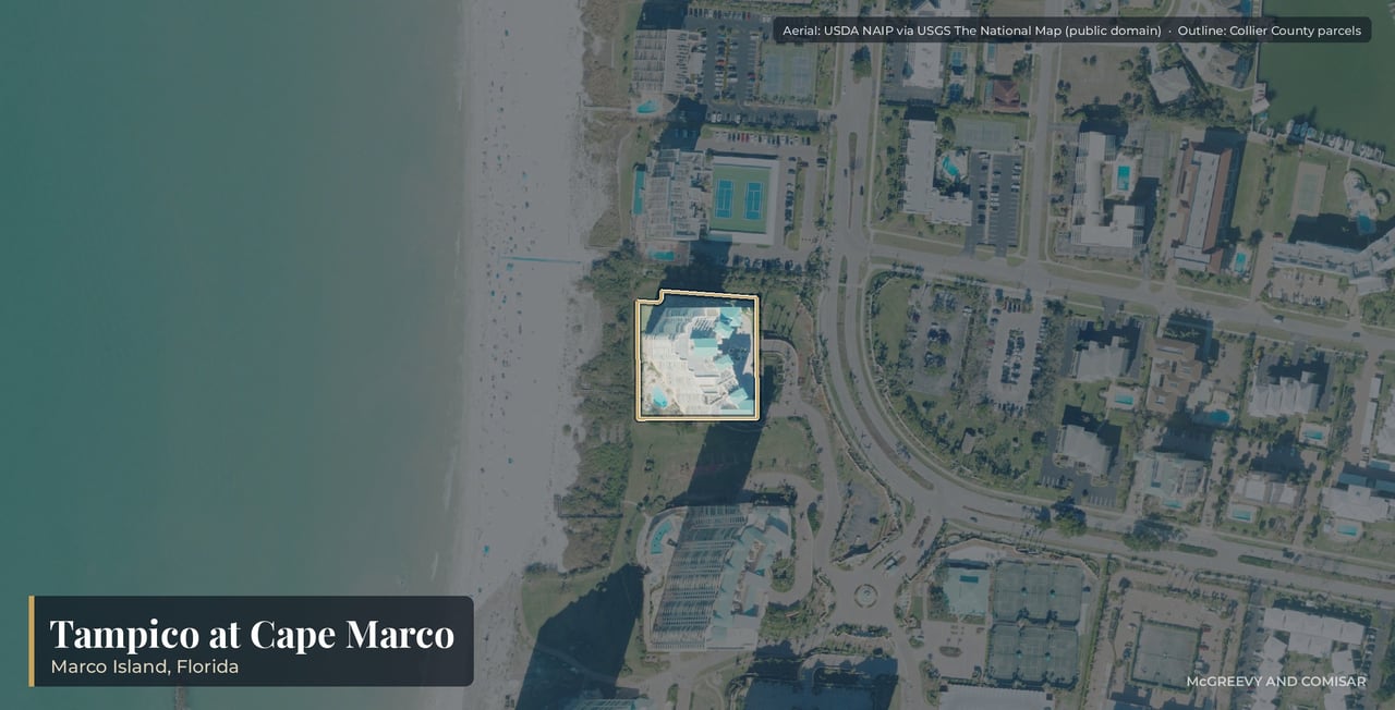 Aerial view of Tampico on Marco Island, Florida, the 1994 beachfront tower at 930 Cape Marco Drive inside gated Cape Marco