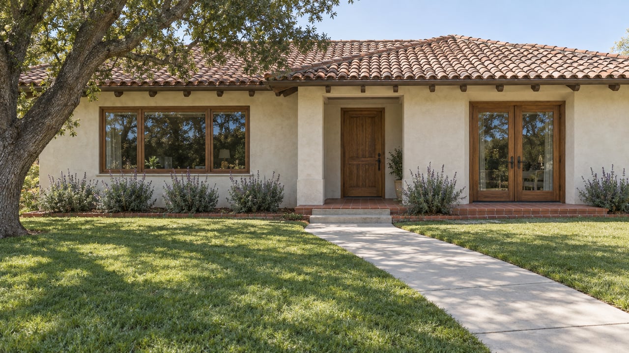 Single-story ivory stucco home with a clay tile roof, wood-framed windows, a deep green lawn, and a mature oak beside the front walk.