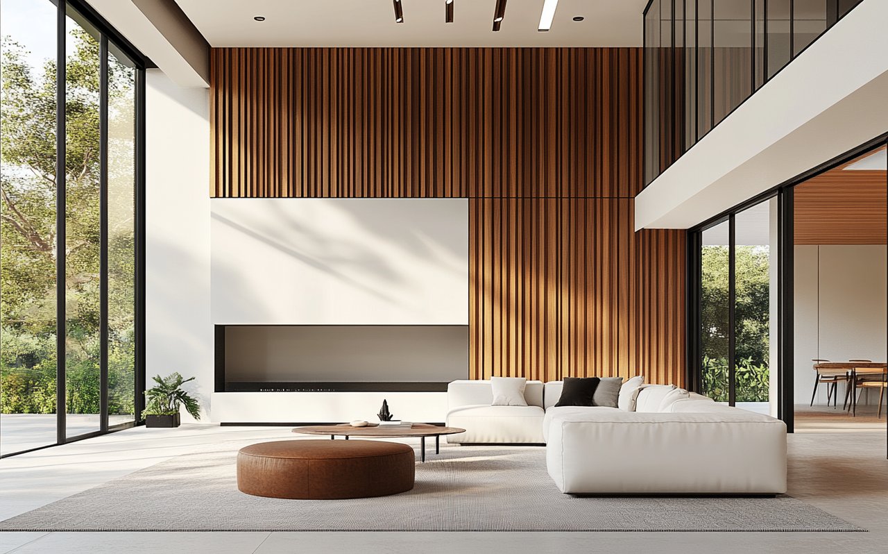 Modern living room with a white sectional, tall wood-slat wall, and floor-to-ceiling windows.