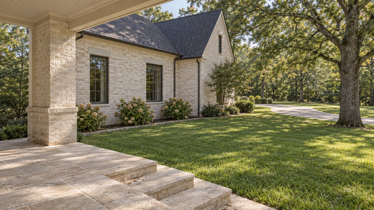 Covered limestone porch and steps overlooking a broad lawn, mature oak and pale brick gabled home with dark framed windows.