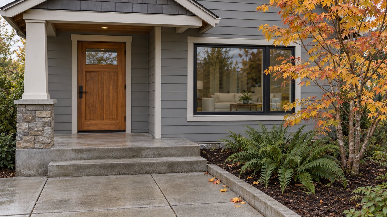Covered timber entry and broad window of a gray lap-sided home, with concrete steps and a vine maple turning gold beside sword ferns.