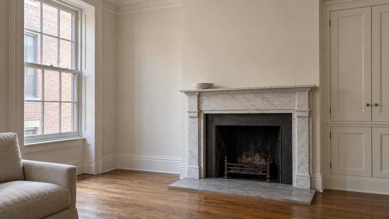 Soft daylight falls across a renovated parlor with a tall sash window, pale marble fireplace, white millwork and warm oak flooring.