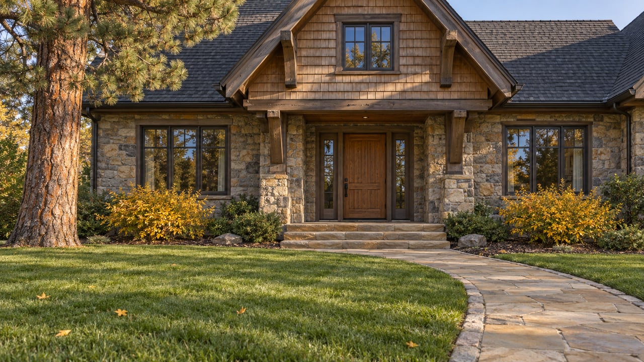 Stone-and-cedar home with a steep gable, sandstone entry path, deep autumn lawn and a mature ponderosa pine.