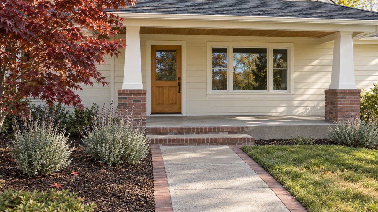 A sunlit timber porch with brick piers, an oak front door and a concrete garden path beside burgundy Japanese maple foliage and silver sage.