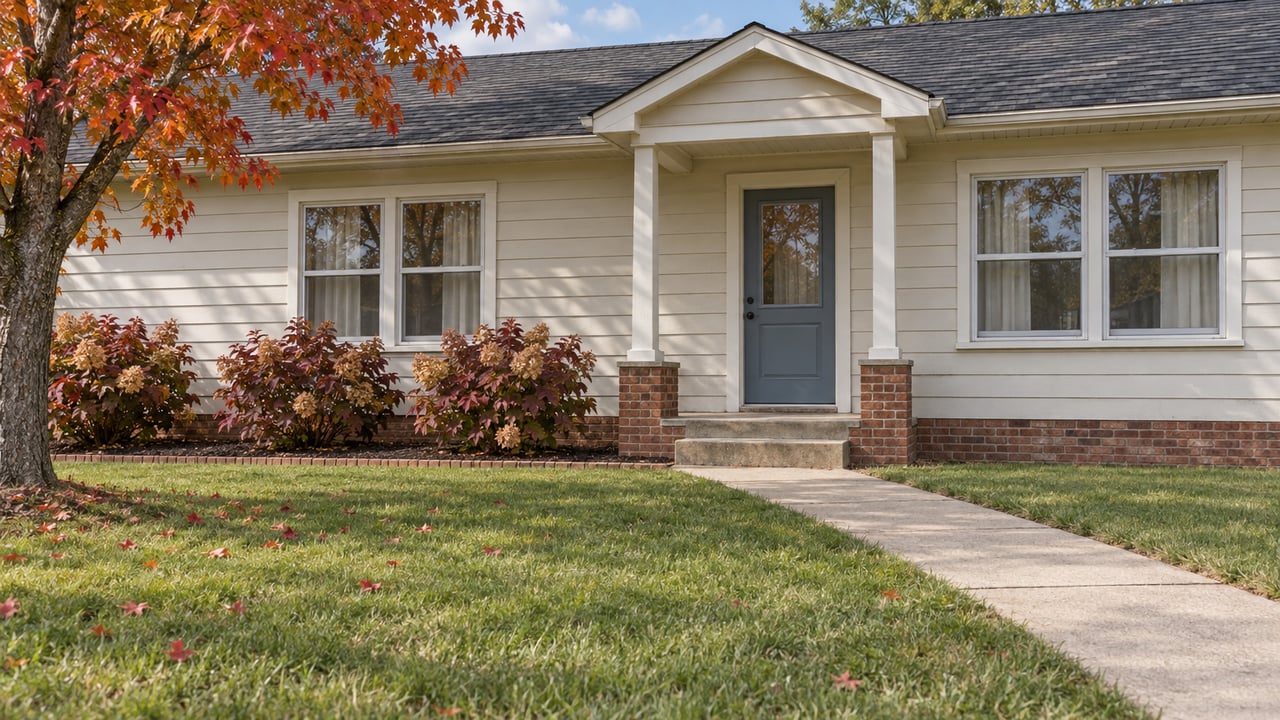 A modest single-story home with off-white siding, brick foundation, a small covered porch and a deep autumn lawn.