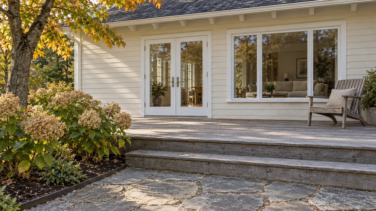 Cream clapboard cottage with a weathered cedar terrace, broad timber steps, bluestone approach and autumn planting.